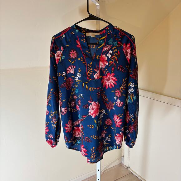 Loft EUC Women's Blue Floral Split Neck Bright Blouse Size S - Picture 2 of 6
